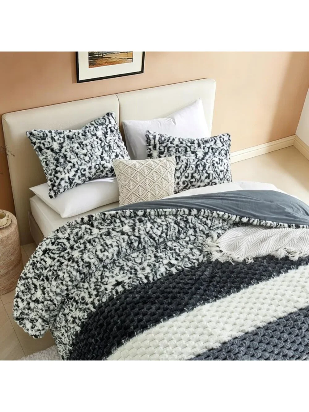 Cozy Black & White Striped Fluffy King Comforter Set - Ultra-Soft Faux Fur